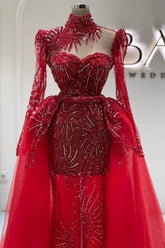 Amazing Column Tulle Lace Sweetheart Long Sleeve Red Prom Evening Dresses With Train